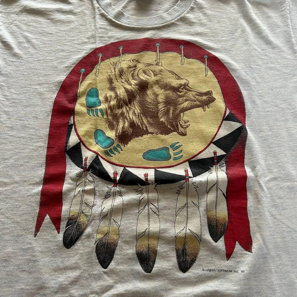 Vintage 90s Habitat Softwear Native American Bear Tribal 1996 Graphic T-Shirt XL - Picture 2 of 7